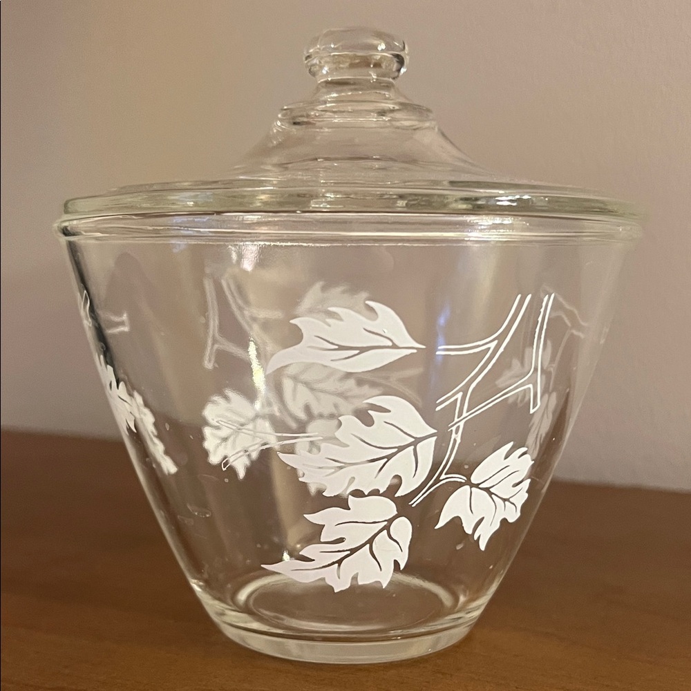 Vintage Fire-King Clear Glass Oak Leaf Grease Jar with Lid